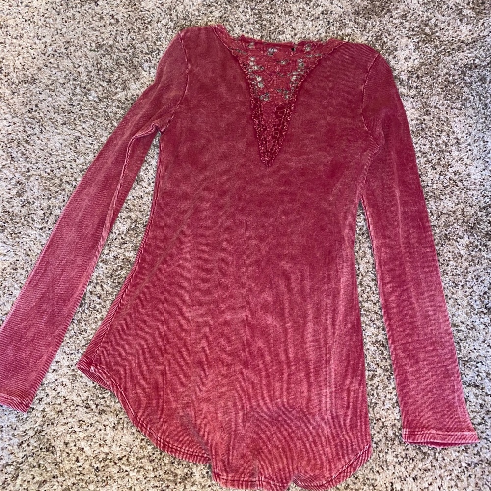 COPY - Burgundy Washed Long Sleeve Embroidered Top